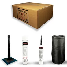 Paket ‚Roof in the Box‘ mit Flachdachablauf, EPDM Sprühkleber, Kartuschenkleber und Abdichtungsbahn