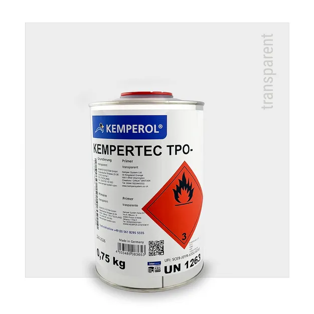 Ein Behälter mit 0,75 kg Kempertec TPO-Grundierung auf weißem Hintergrund.
