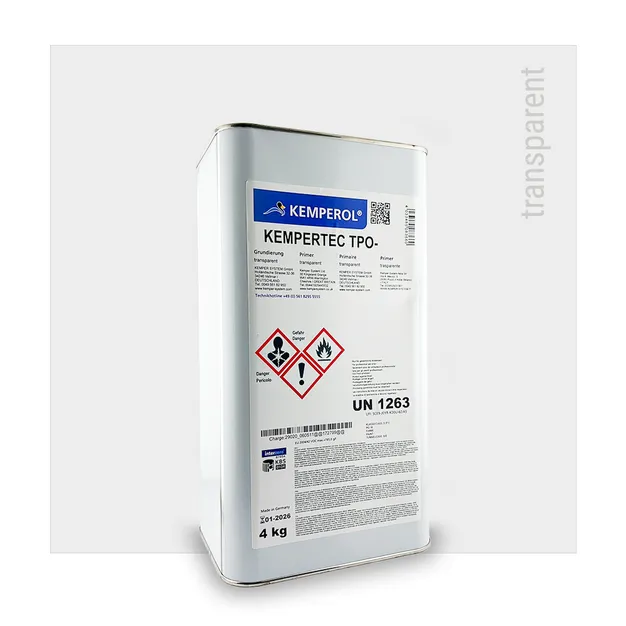 Ein Behälter mit 4 kg Kempertec TPO-Grundierung auf weißem Hintergrund.