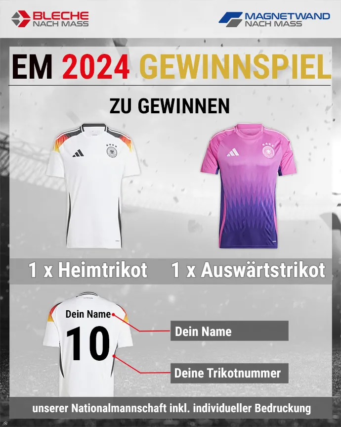 Eine Grafik eines EM Gewinnspiels mit Trikots als Preis.